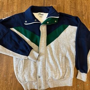 Vintage 70s Colorblock Sweatshirt Jacket with Full Zip/Snap and Pockets
